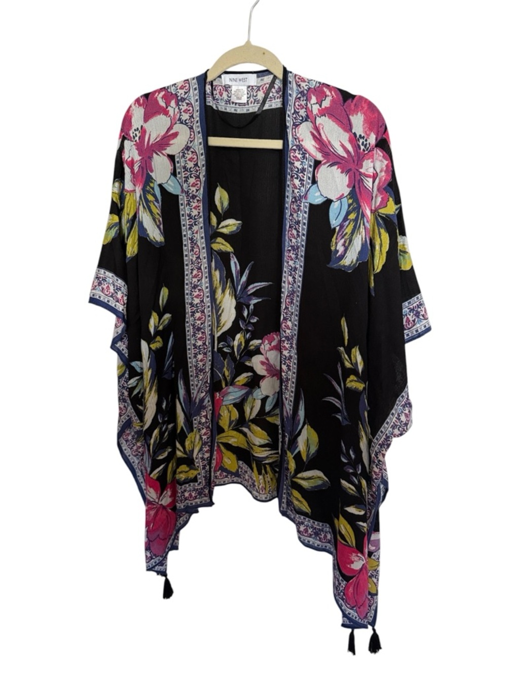 Nine West Black Floral Kimono Duster Tassel Trim Swim Coverup One Size